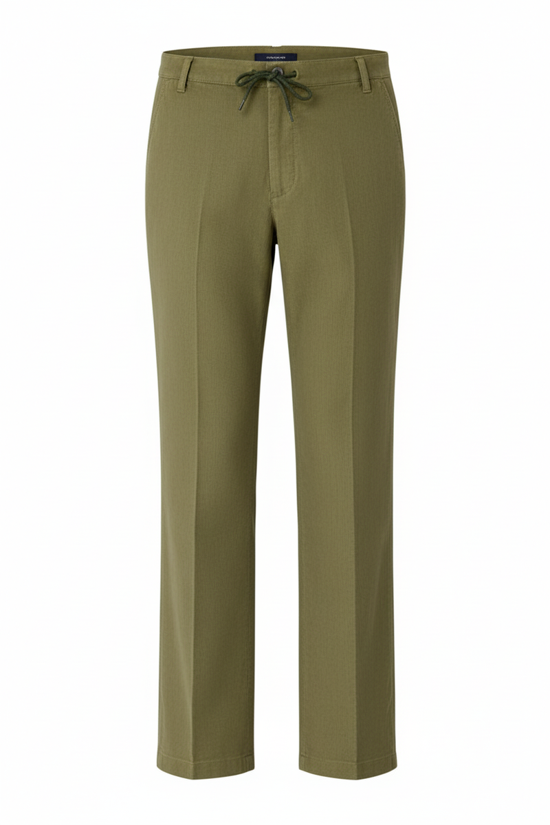 Leinenhose in Khaki, Vorderansicht mit geradem Schnitt und knappen Bund.