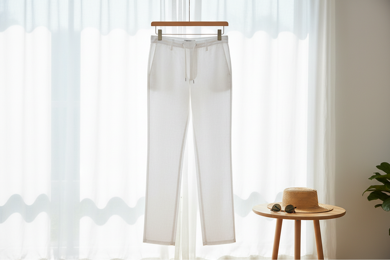 Modell trägt die weiße Leinenhose im Sommeroutfit
