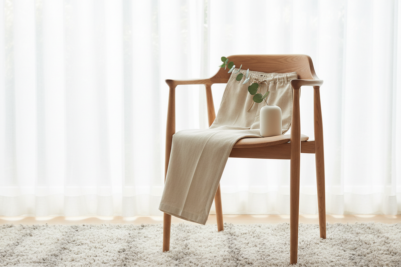 Modell trägt die beige Leinenhose im Regular‑Fit, ideal für lässige Business‑Looks
