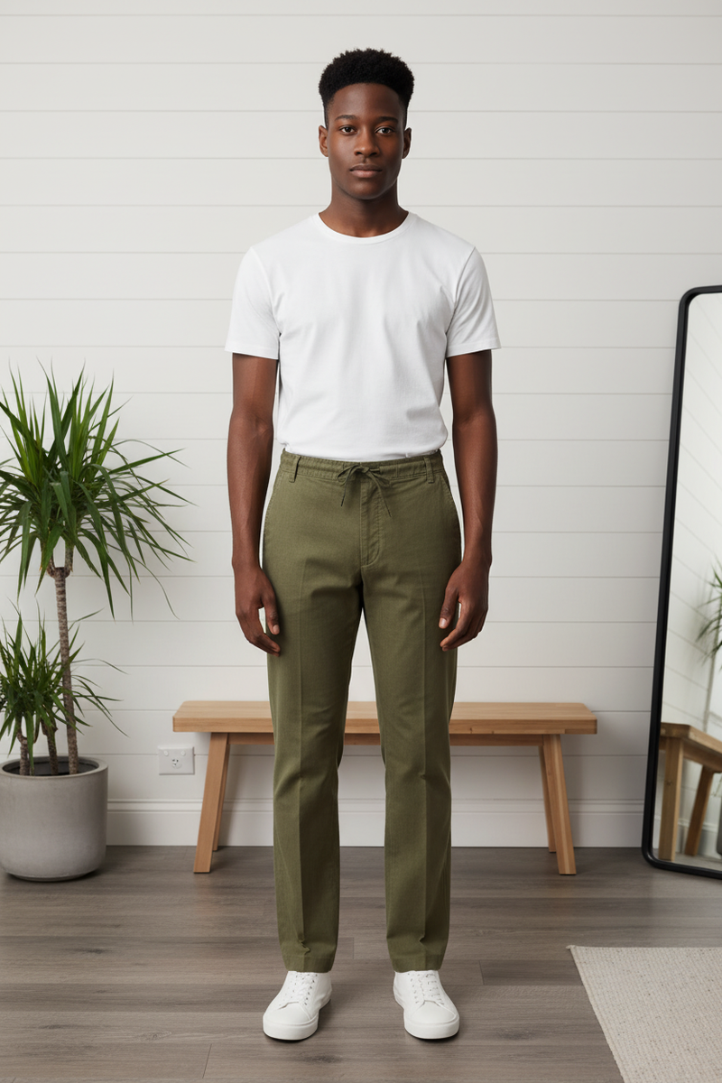Leinenhose in Khaki, Rückansicht mit sichtbarem Saum und Taschen.