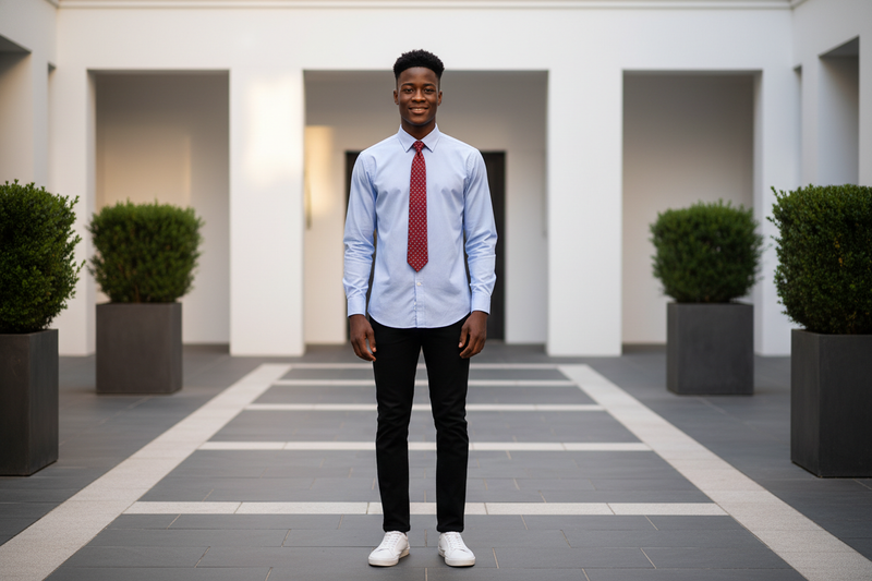 Modello che indossa la camicia slim fit color azzurro ghiaccio in un look business