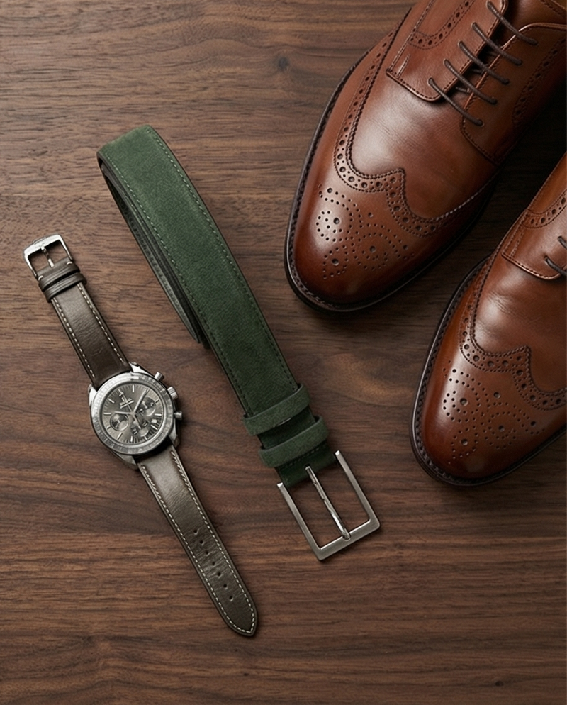 Cintura dal look business, che unisce camoscio verde oliva e fibbia argentata