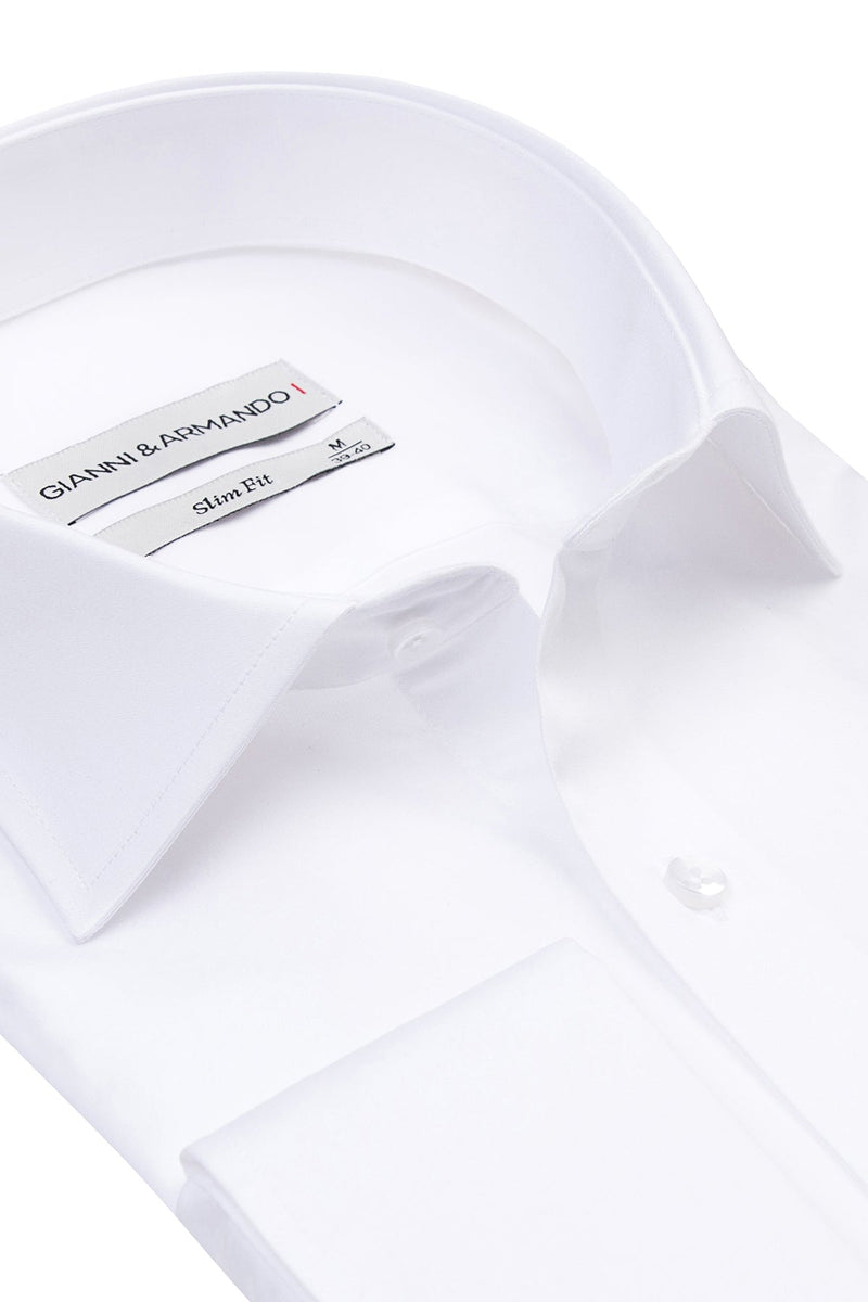 Seitliche Ansicht des weißen Slim‑Fit Business Hemds mit markanter Doppelmanchette