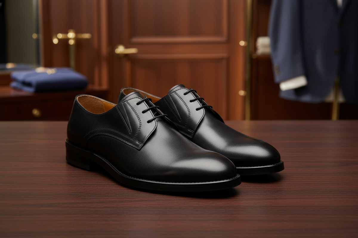 Seitliche Ansicht des schwarzen Business-Schuhe mit 3 cm Absatz und EVA-Sohle