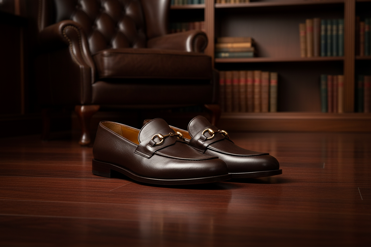 Seitliche Ansicht des Loafers mit feinem Lederdeckel