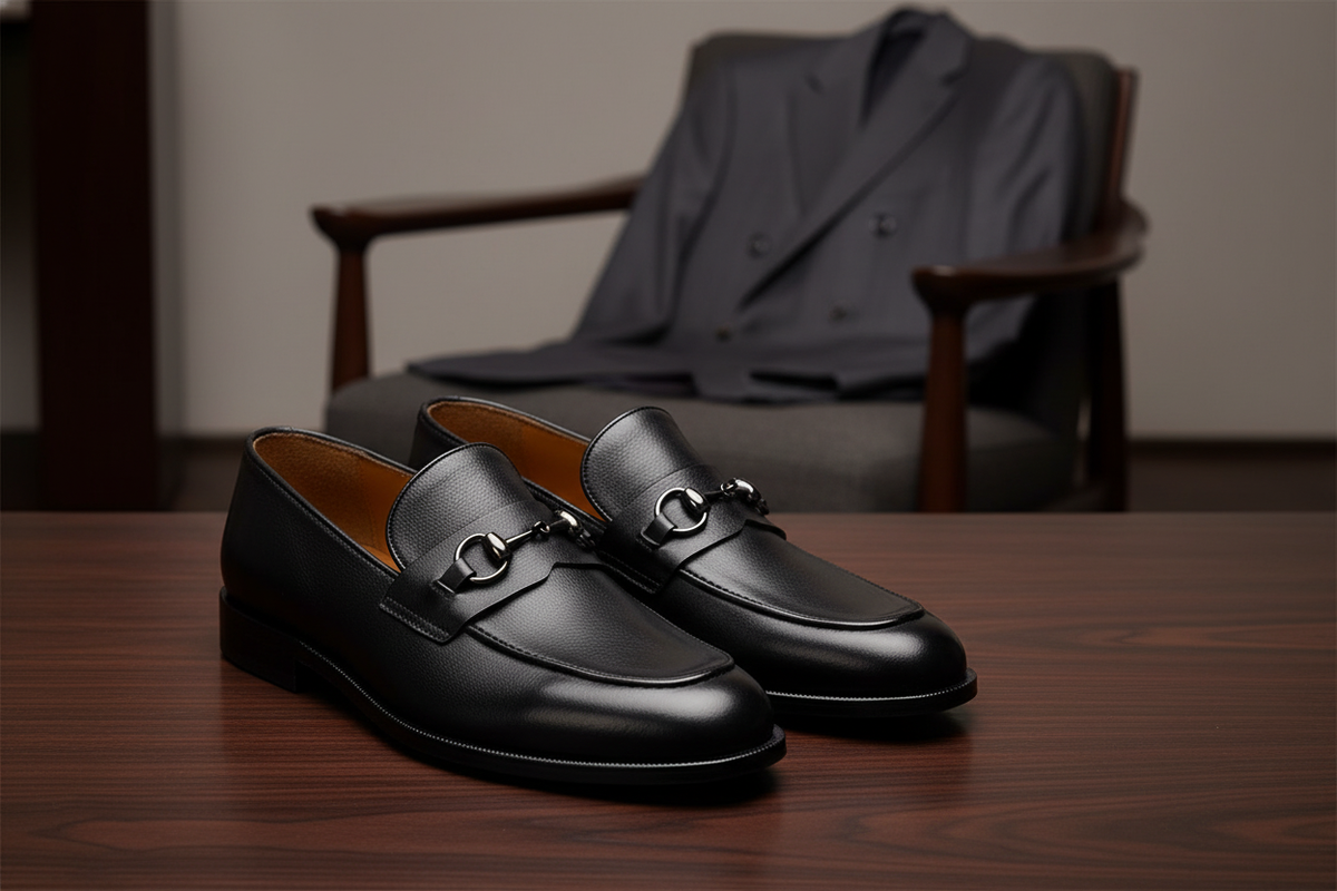 Seitliche Ansicht des Loafers, zeigt die geschwungene Silhouette und das Lederoptik