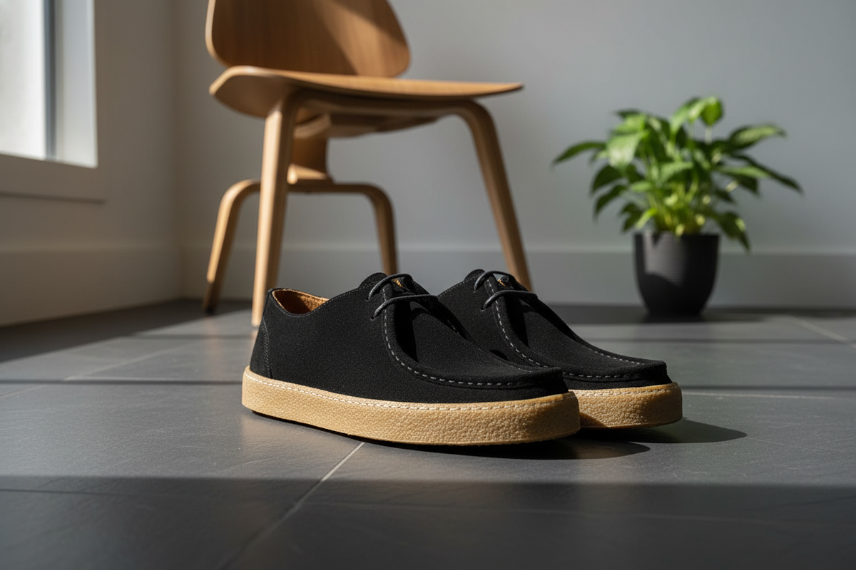 Schuh auf einem stilvollen Holzboden – elegante Schwarz-Optik