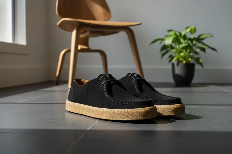 Schuh auf einem stilvollen Holzboden – elegante Schwarz-Optik