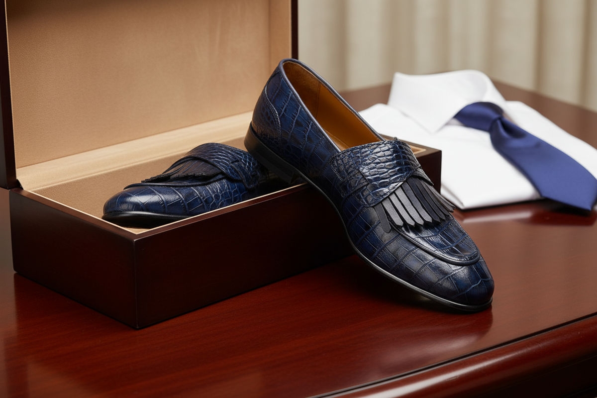 Profil latéral du mocassin bleu marine montrant le cuir lisse et la semelle en caoutchouc