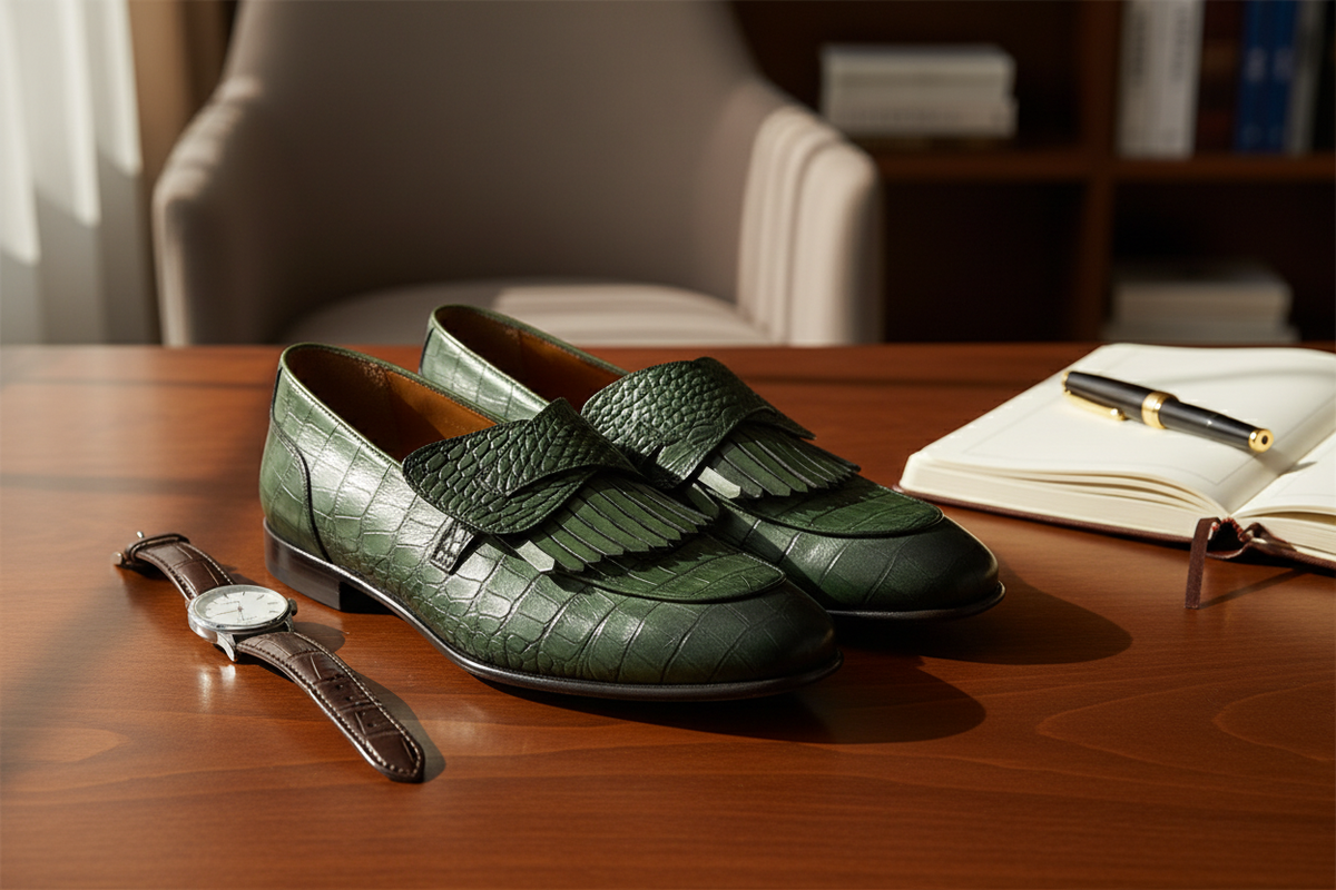 Vue de profil de la chaussure mocassin, montrant la bout rond et l'élégant fermoir slipper