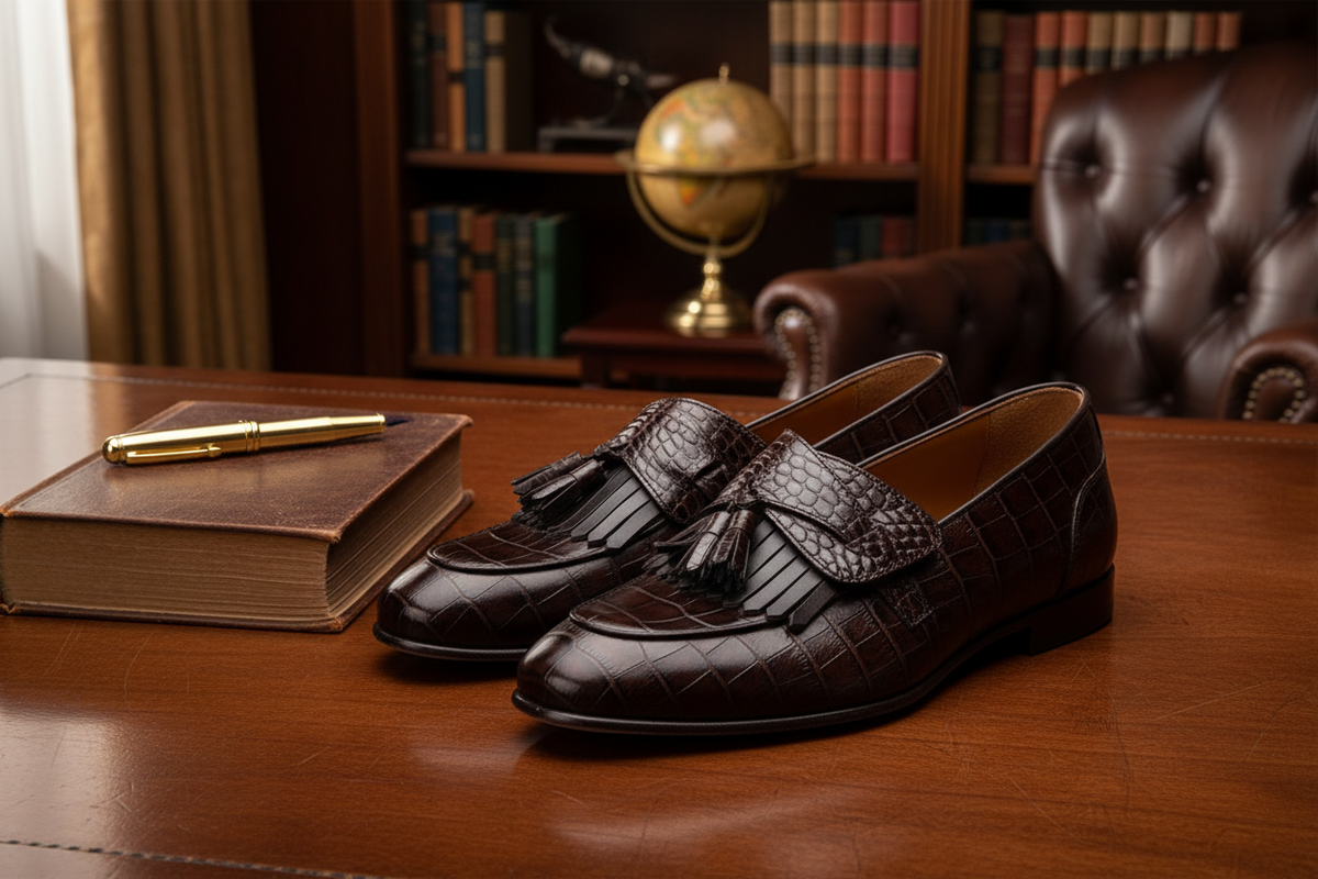 Vue détaillée du motif croco mat sur la tige du mocassin
