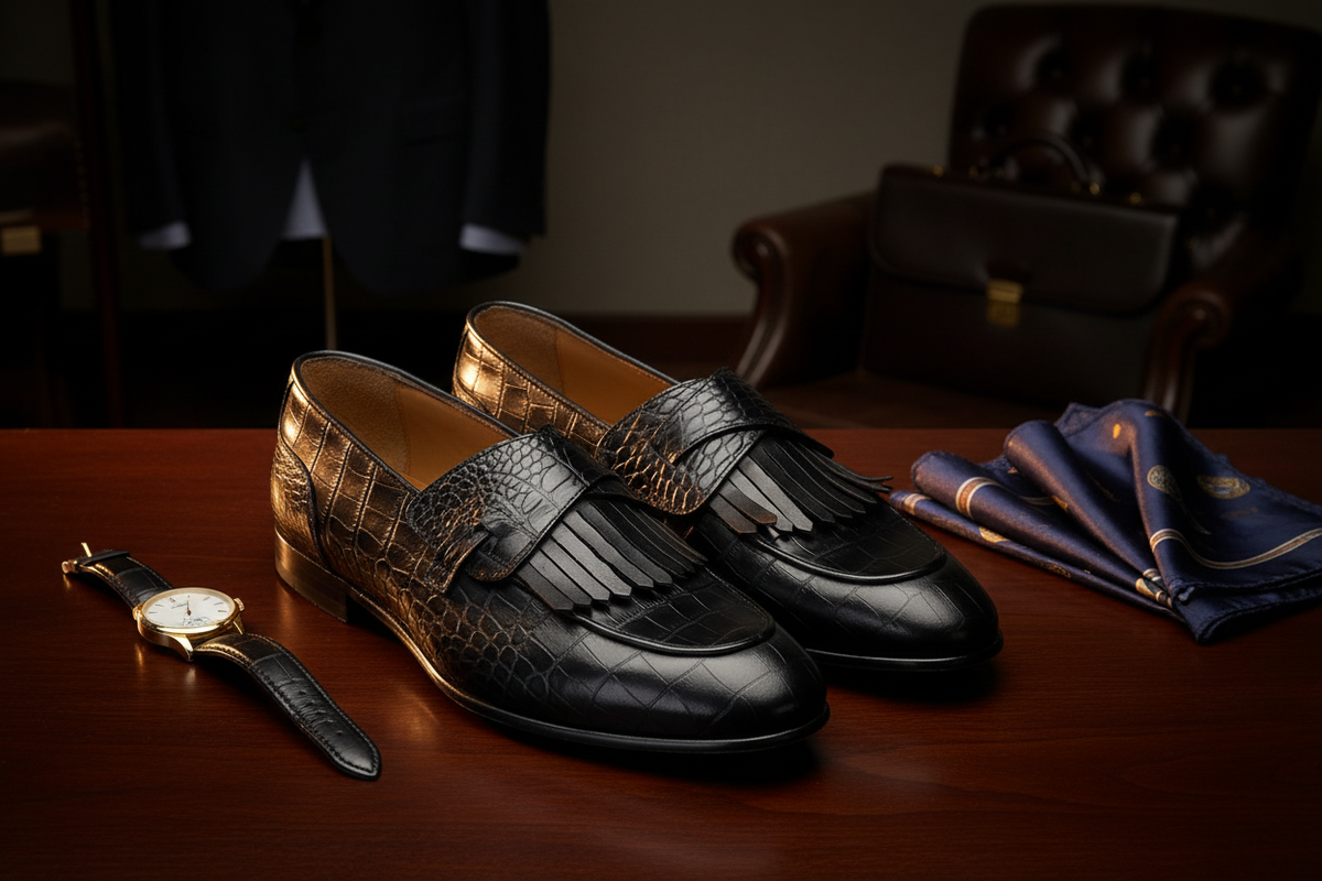 Vue détaillée du motif crocodile mat sur le mocassin.