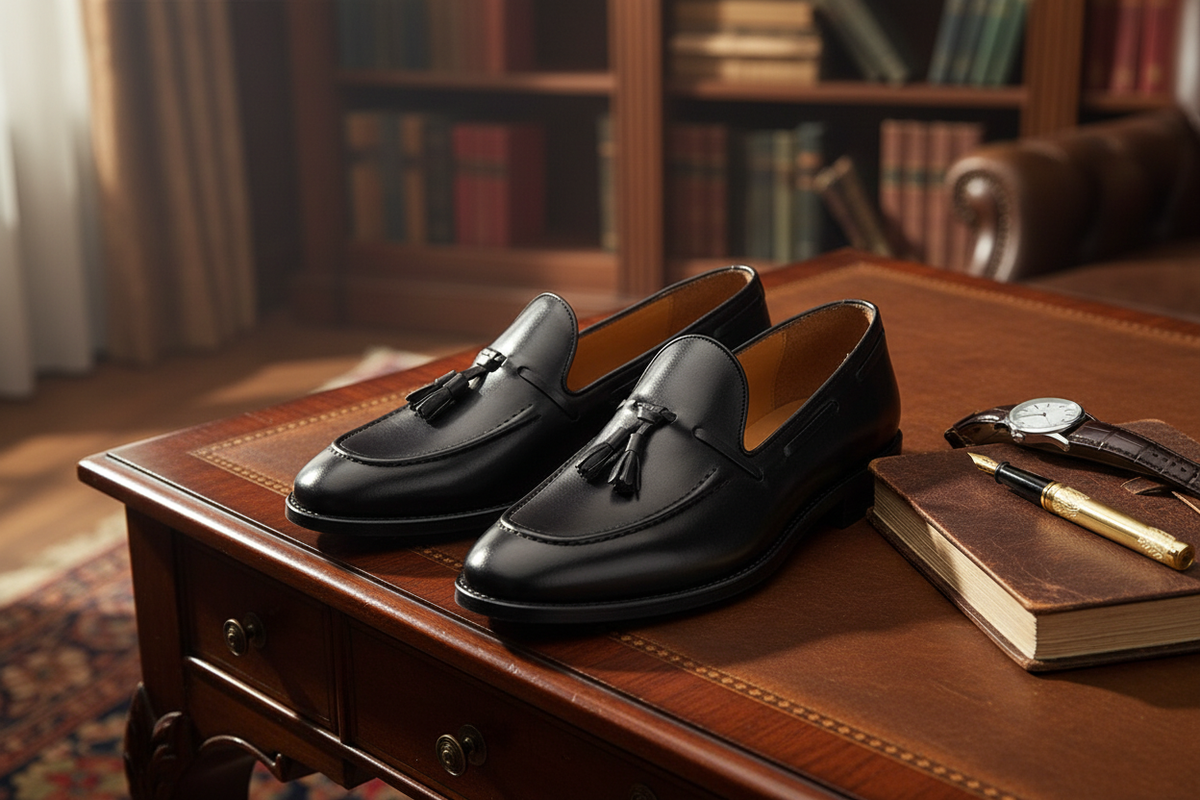 Vue de profil du mocassin noir avec une finition en cuir raffinée