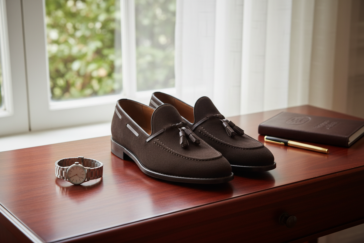 Vue de profil du mocassin avec fin détail en daim et talon de 2,5 cm