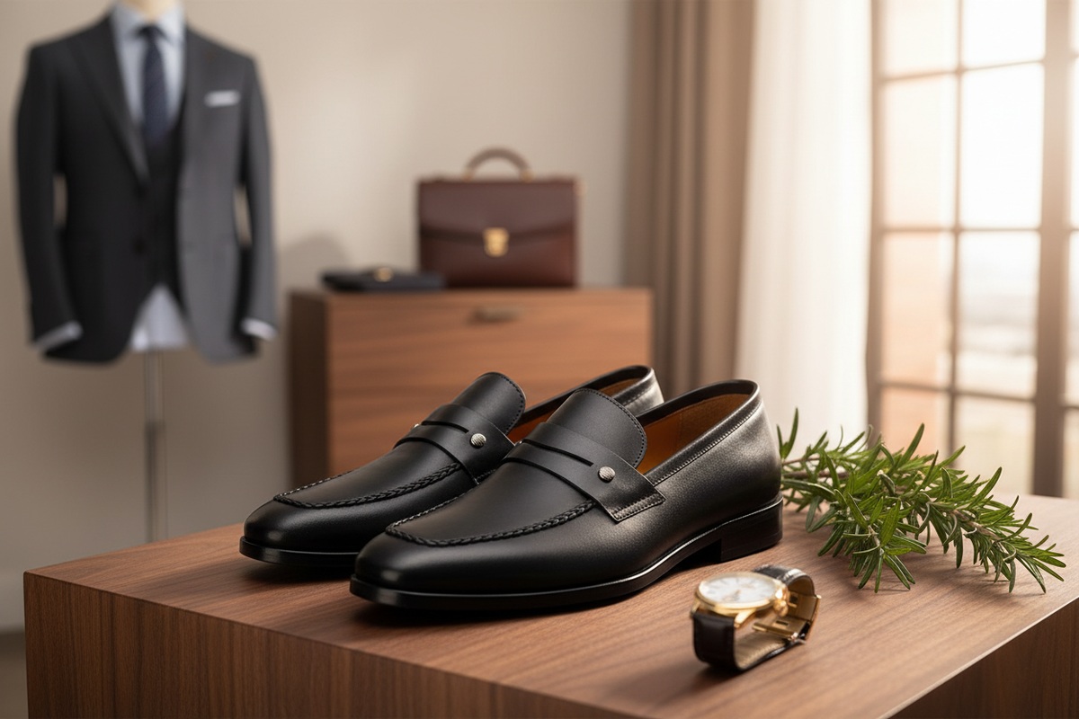 Seitliche Ansicht eines schwarzen Business-Schuhe, feine Lederlaufsohle, elegante Spitzspitze.