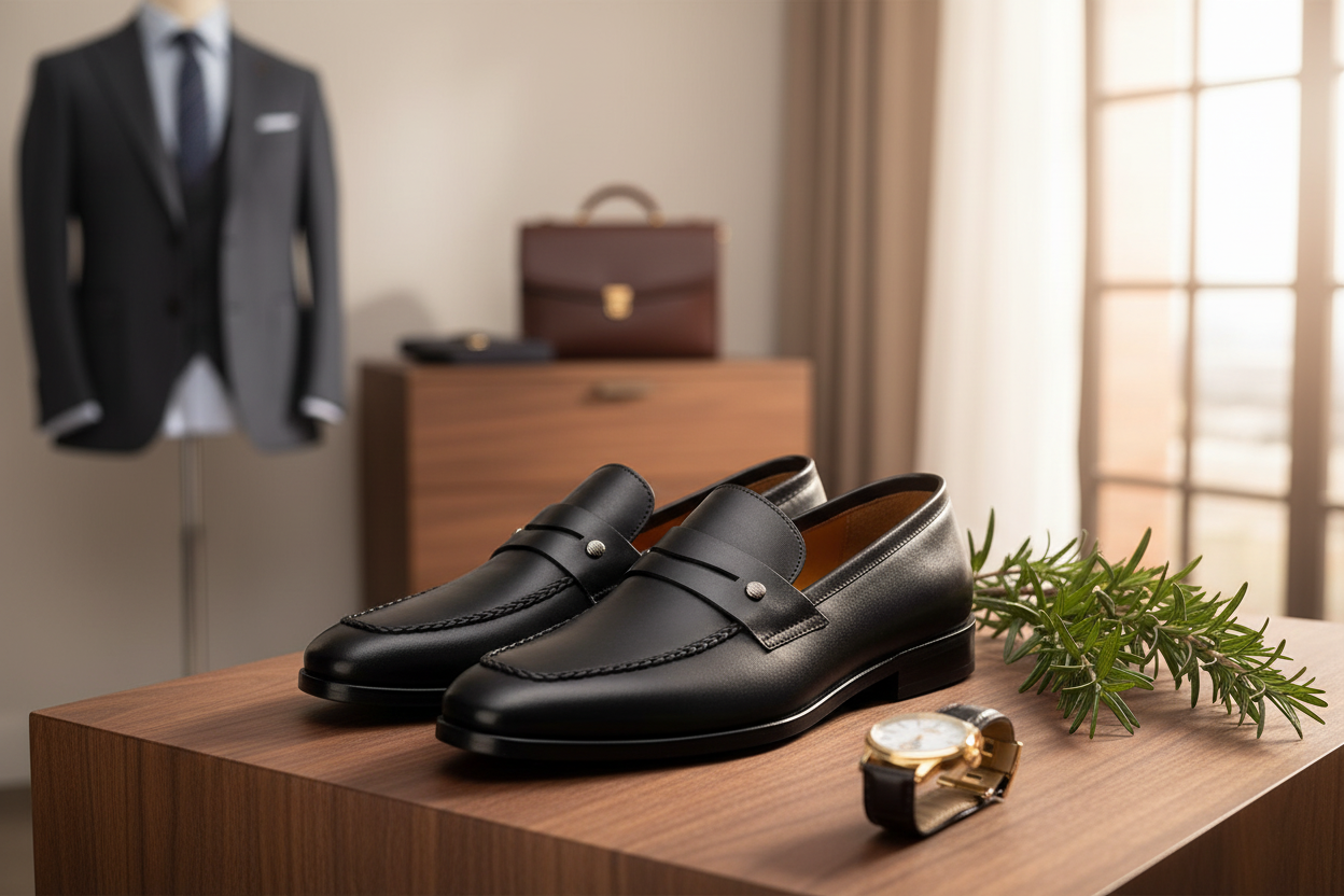 Seitliche Ansicht eines schwarzen Business-Schuhe, feine Lederlaufsohle, elegante Spitzspitze.