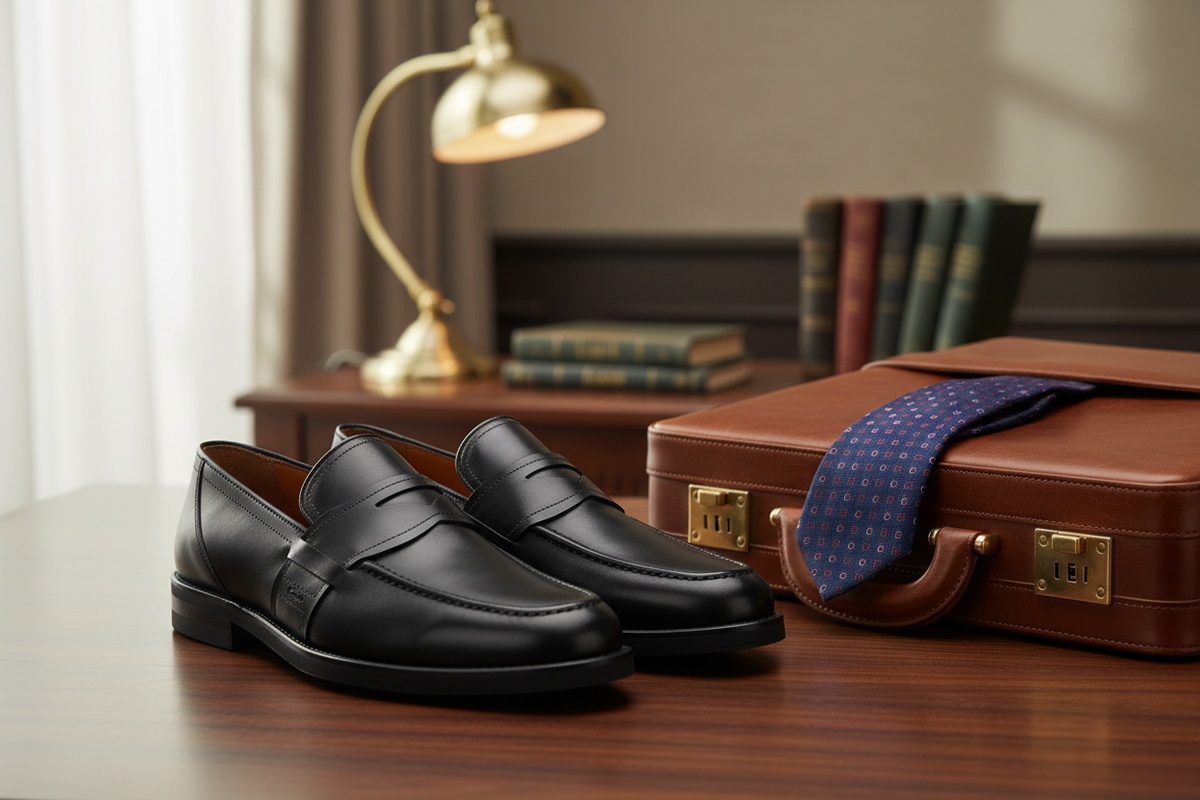 Seitliche Ansicht des Loafers, zeigt die EVA-Sohle und die geschnürten Details