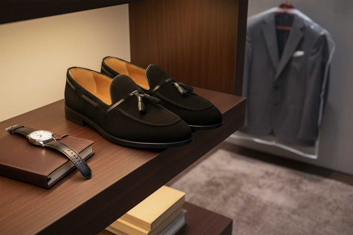 Vue détaillée de la première de cuir douce du mocassin en suède