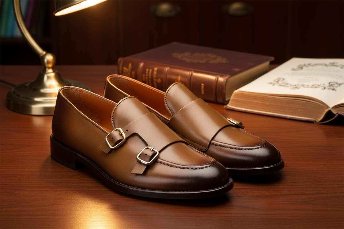 Schuhkarton der Double Monk Schuhe in Camel Leder