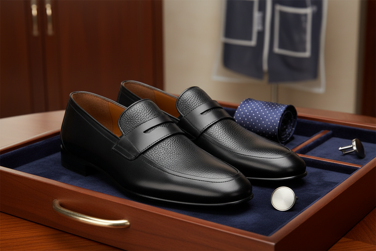 Seitliche Ansicht eines schwarzen Herren Schlüpfers, elegante Spitzspitze und Leder‑Gummilaufsohle