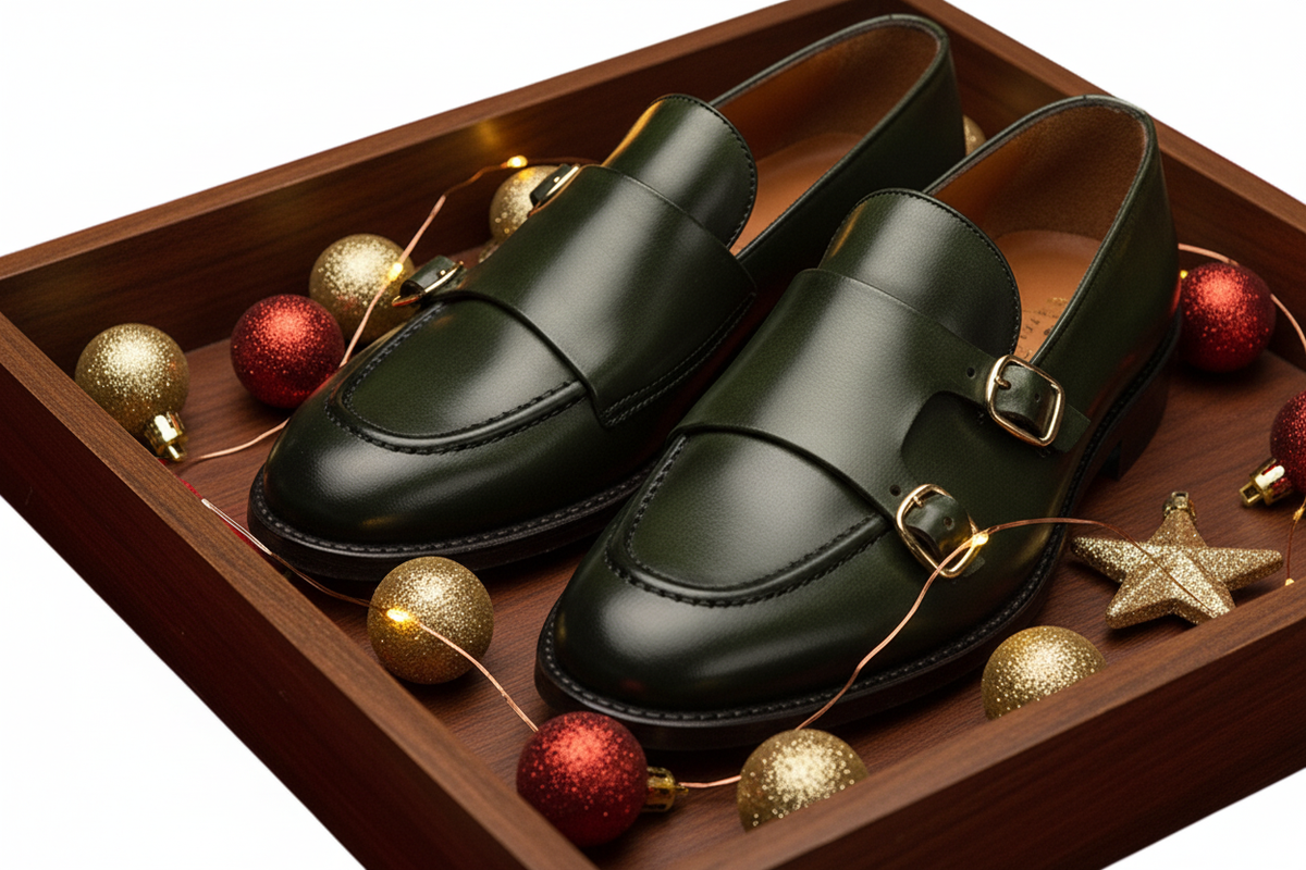 Double Monk Schuhe in dunklem Grün auf stilvollem Schuhständer – Handwerkskunst im Fokus.