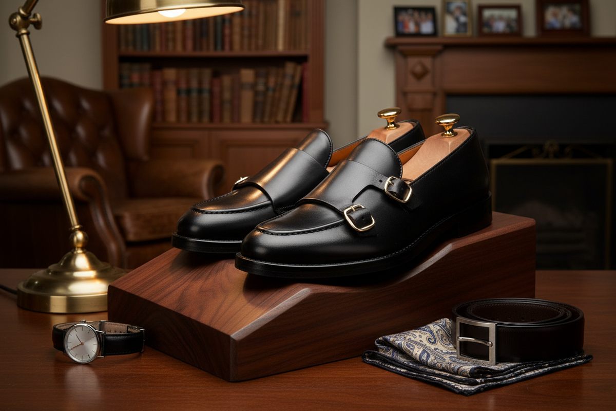 Schwarzer Double Monk Schuh auf einem stilvollen Schuhschuhständer