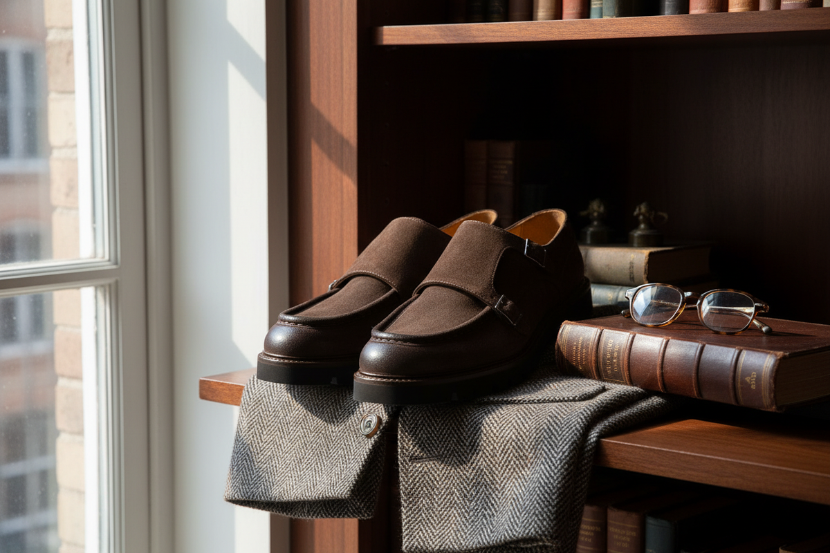 Schuhpaar in neutralem Hintergrund, zeigt die klassische Braun Wildleder Optik.