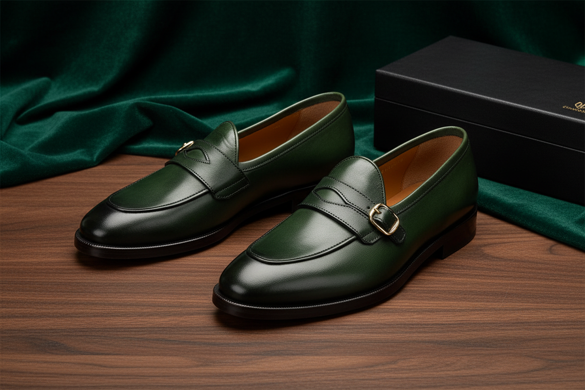 Seitliche Ansicht der Business-Schuhe, hervorhebt die runde Spitze und die elegante Schnalle.