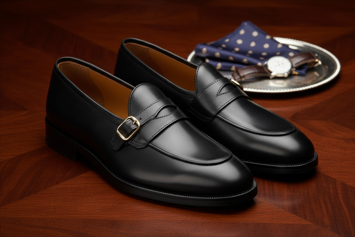 Seitliche Ansicht des handgefertigten Business-Schuhe mit mattem dunklen Grün Leder