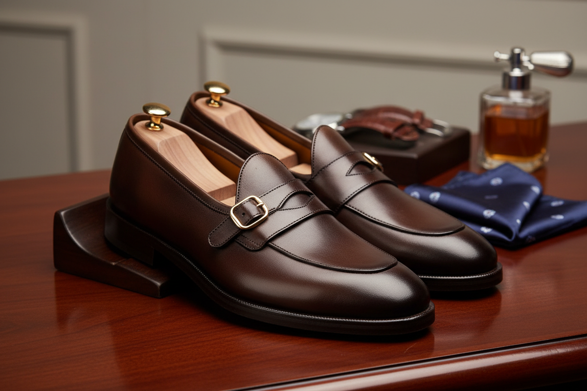 Seitliche Ansicht des Lederschuhs, die schlichte Schnalle und die runde Schuhspitze betonen die elegante Silhouette