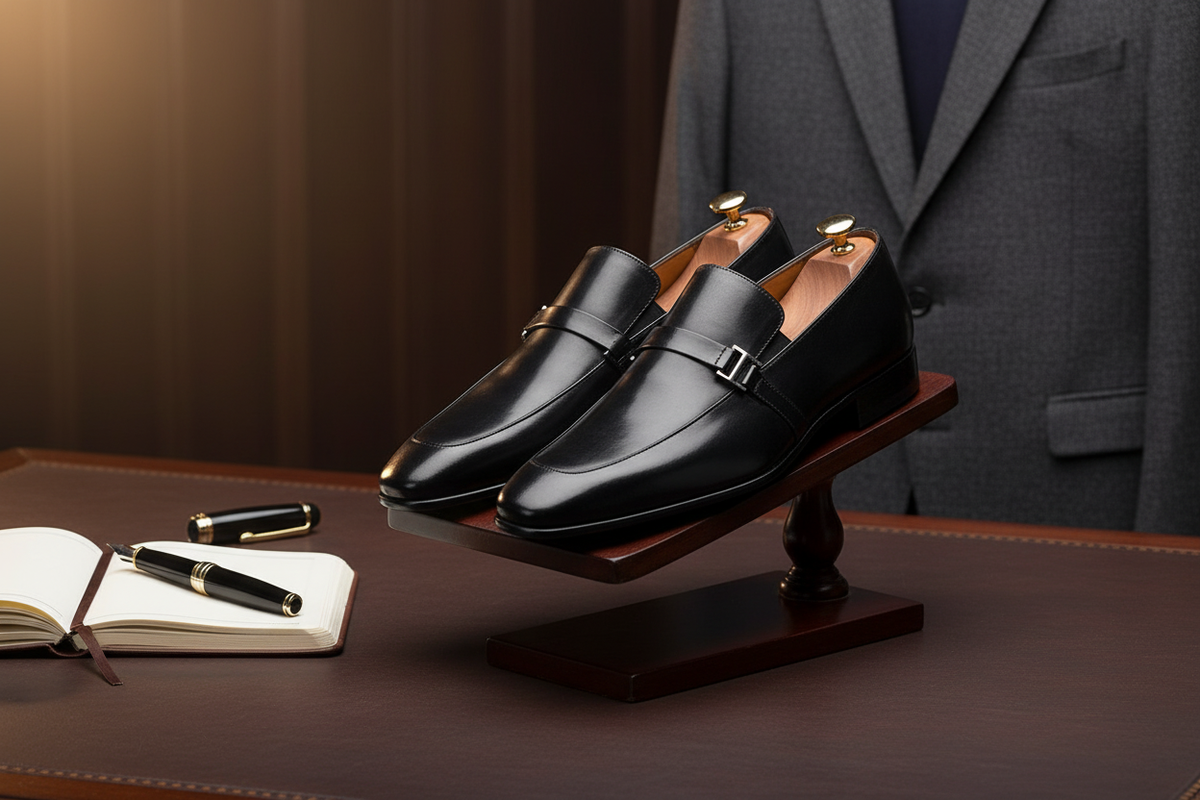 Detailaufnahme des Schlußverschlusses und der feinen Lederstruktur der Business-Schuhe