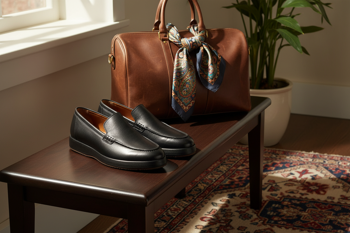 Seitliche Aufnahme des Lederschuhs, die runde Schuhspitze und das elegante Design zeigen