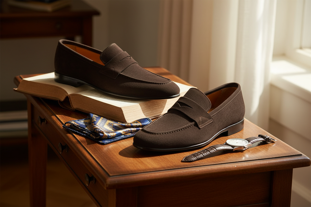 Seitliche Ansicht der Loafer mit weichem Wildleder und Gummisohle