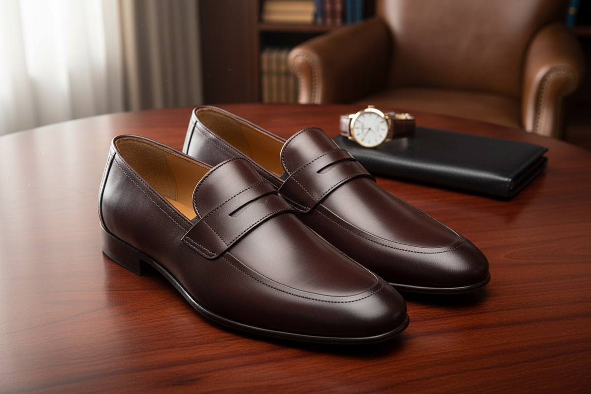 Seitliche Ansicht des eleganten Braun-Schlüpfers mit schmaler Silhouette