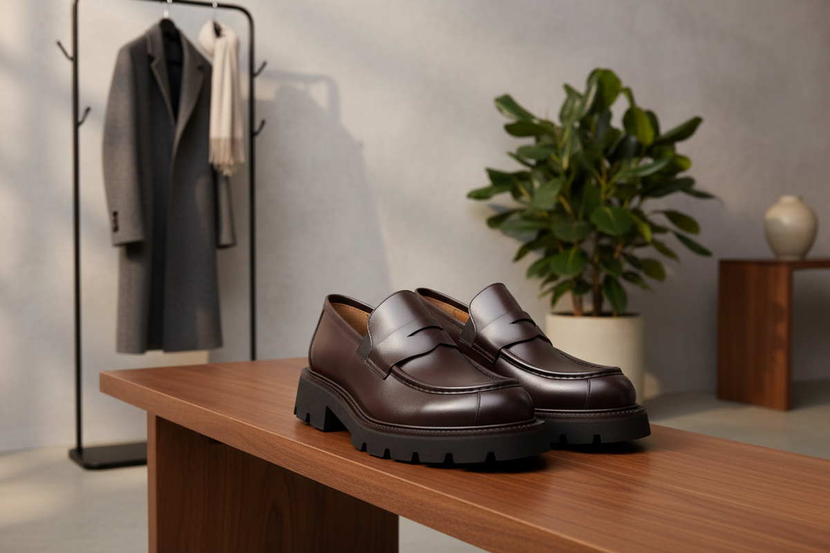 Fermeture élastiquée du chaussant en gros plan sur la chaussure casual en cuir marron