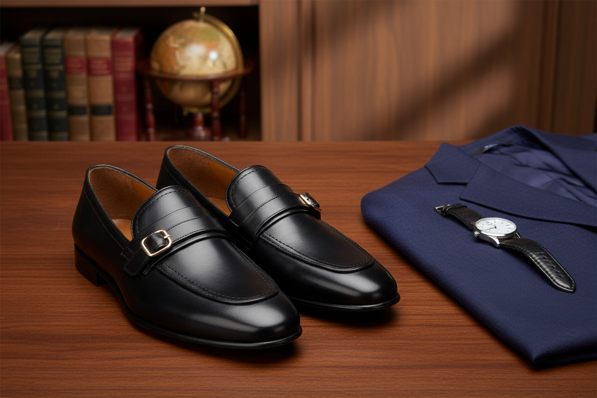 Vue latérale du slipper professionnel noir avec fin profil en cuir
