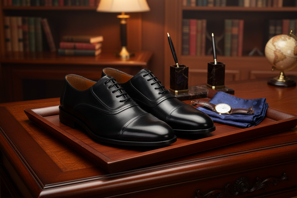 Seitliche Ansicht der schwarzen Business-Schuhe mit feiner Ledersohle