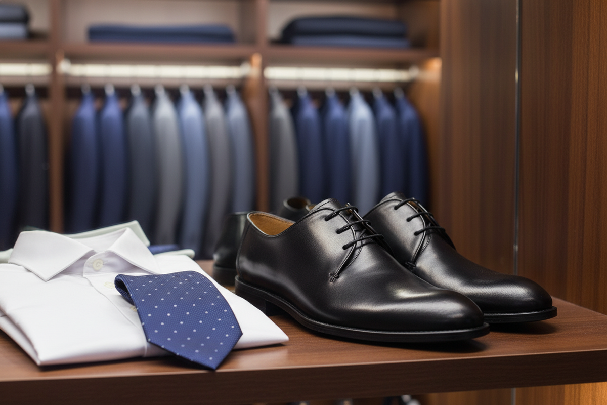 Vollleder-Herren Lederschuhe im Schwarz – seitliche Ansicht des Schuhs