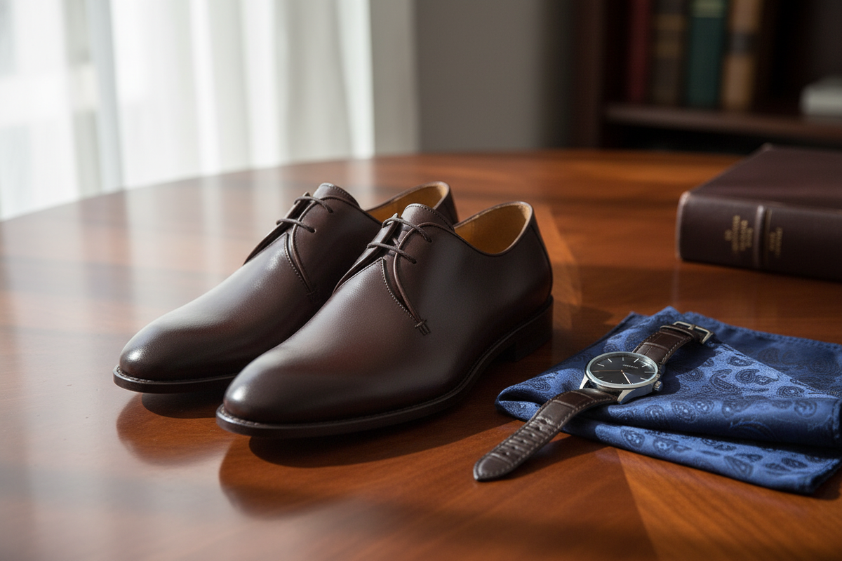 Seitliche Ansicht der Lederschuhe mit feiner Lederlaufsohle