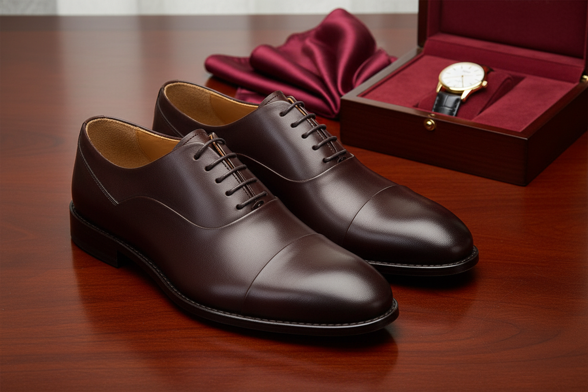 Seitliche Ansicht eines eleganten Herren Business-Schuhe mit runder Spitze
