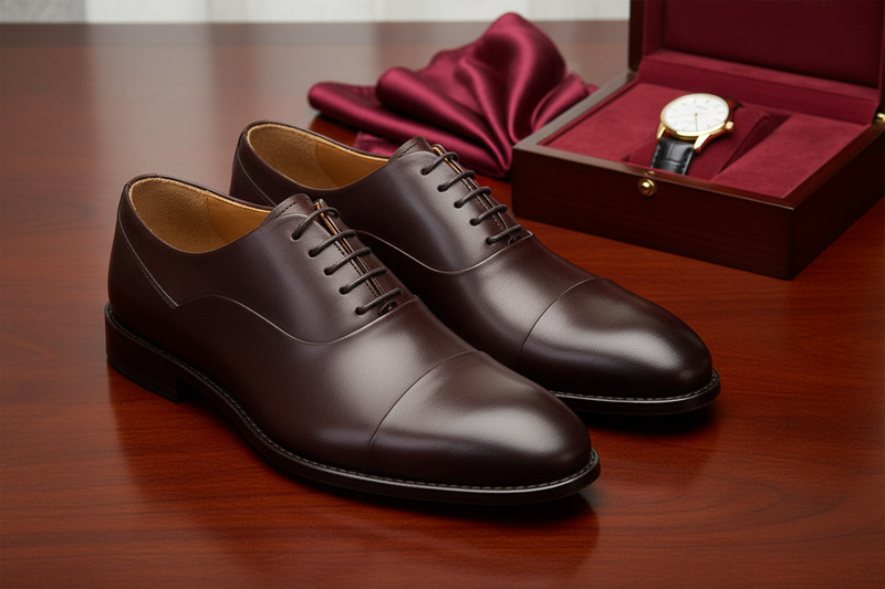 Seitliche Ansicht eines eleganten Herren Business-Schuhe mit runder Spitze