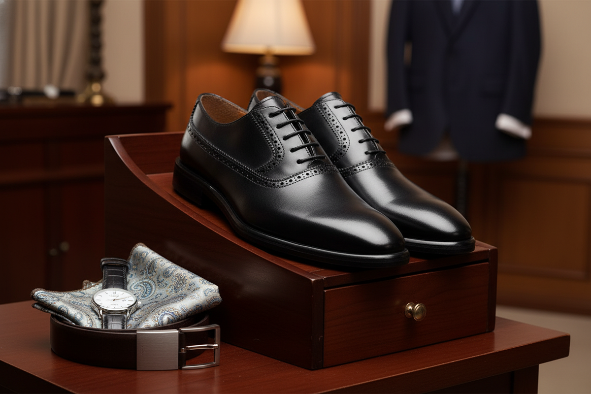 Seitliche Ansicht der schwarzen Business-Schuhe mit feiner Schnürung und eleganter Spitzspitze
