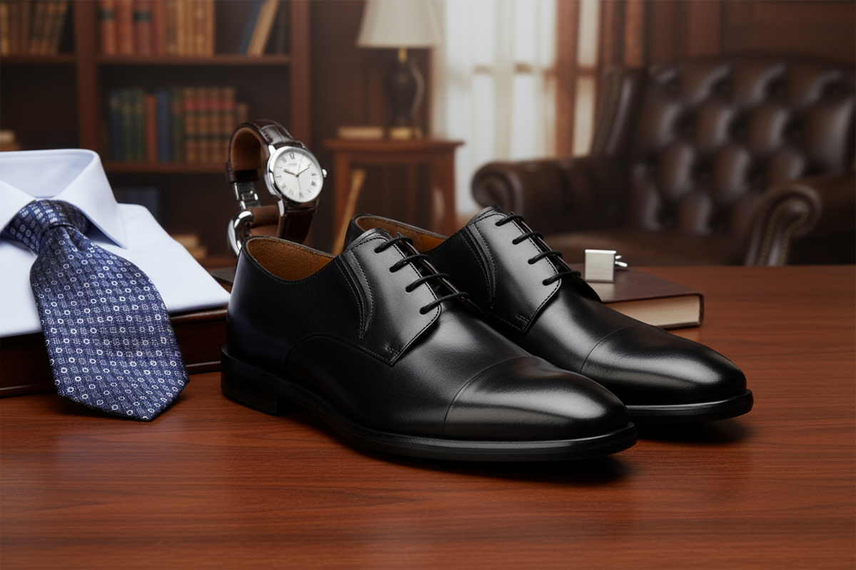 Seitliche Ansicht der schwarzen Business-Schuhe mit feinem Lederdecksohle