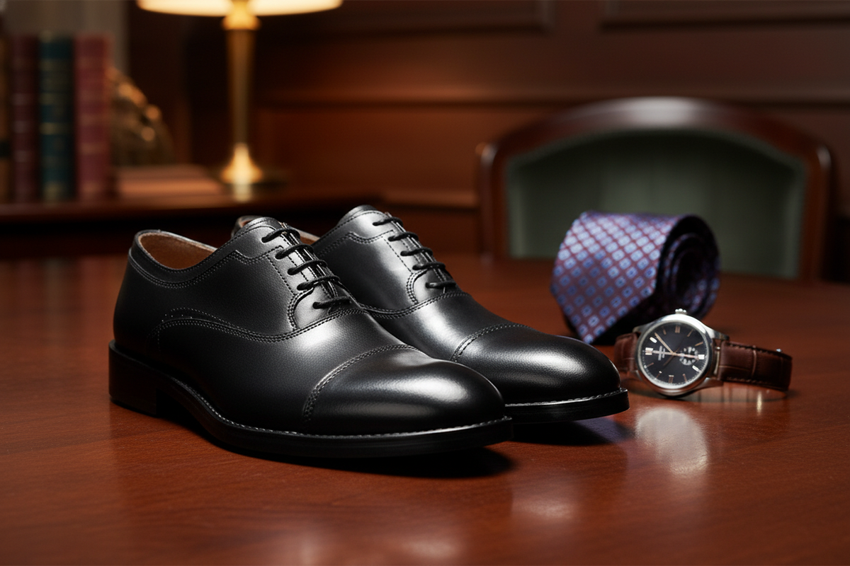 Seitliche Ansicht der schwarzen Business-Schuhe mit feinem Schnürsystem und 3 cm Absatz