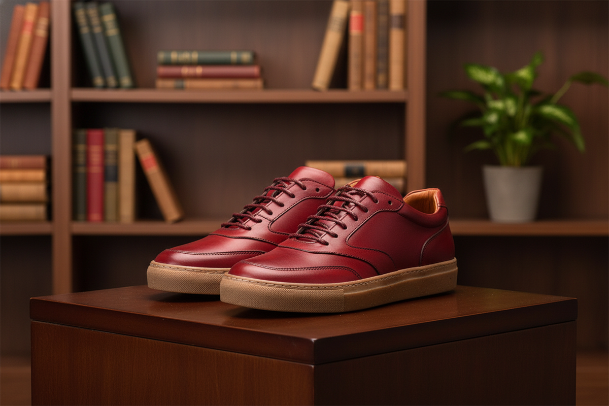Seitliche Ansicht des roten Soft-Leder-Sneakers mit Kauchuk-Rubber-Laufsohle