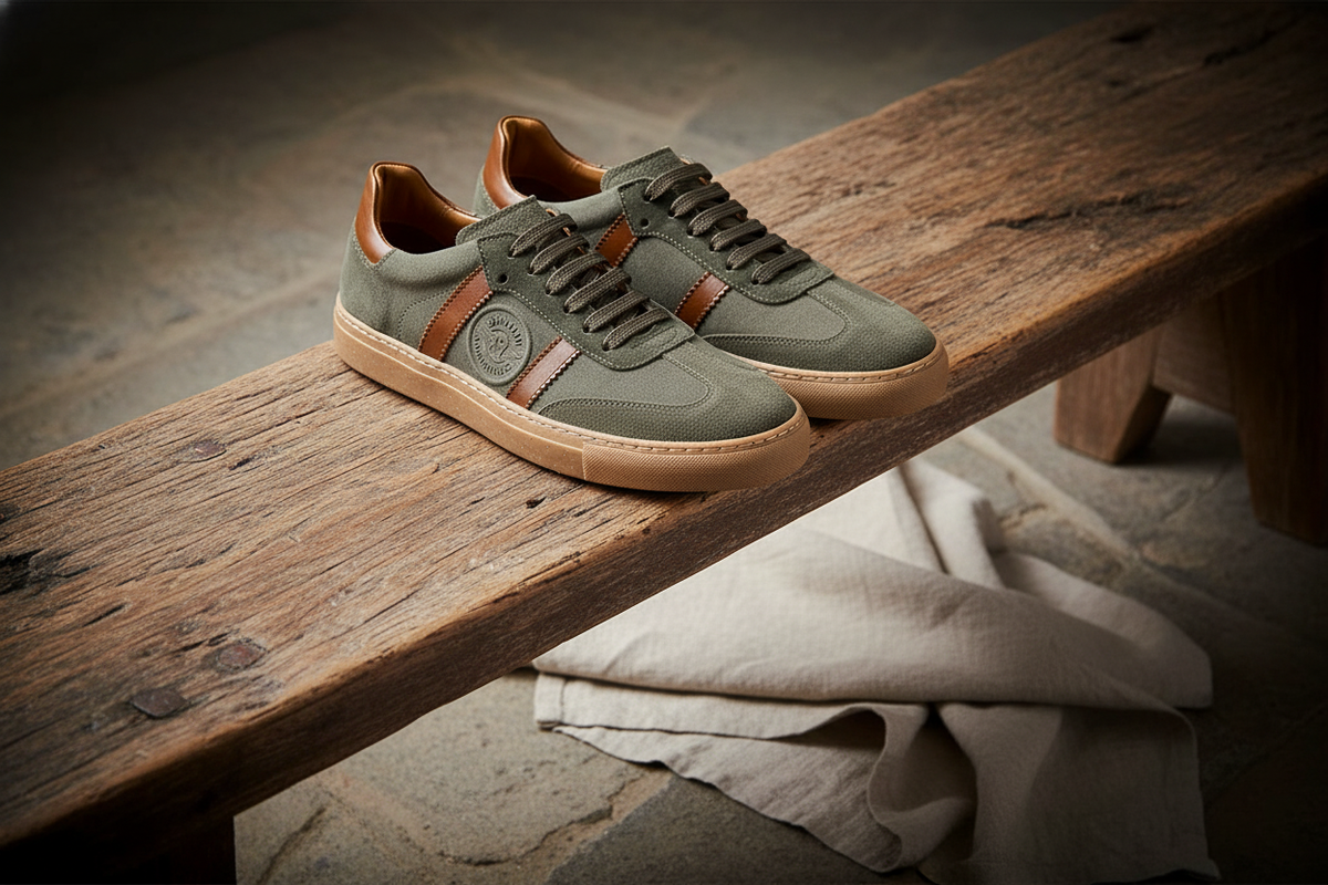 Sneaker-Frontansicht mit rundem Schuhspitze und Schnürschlaufen.