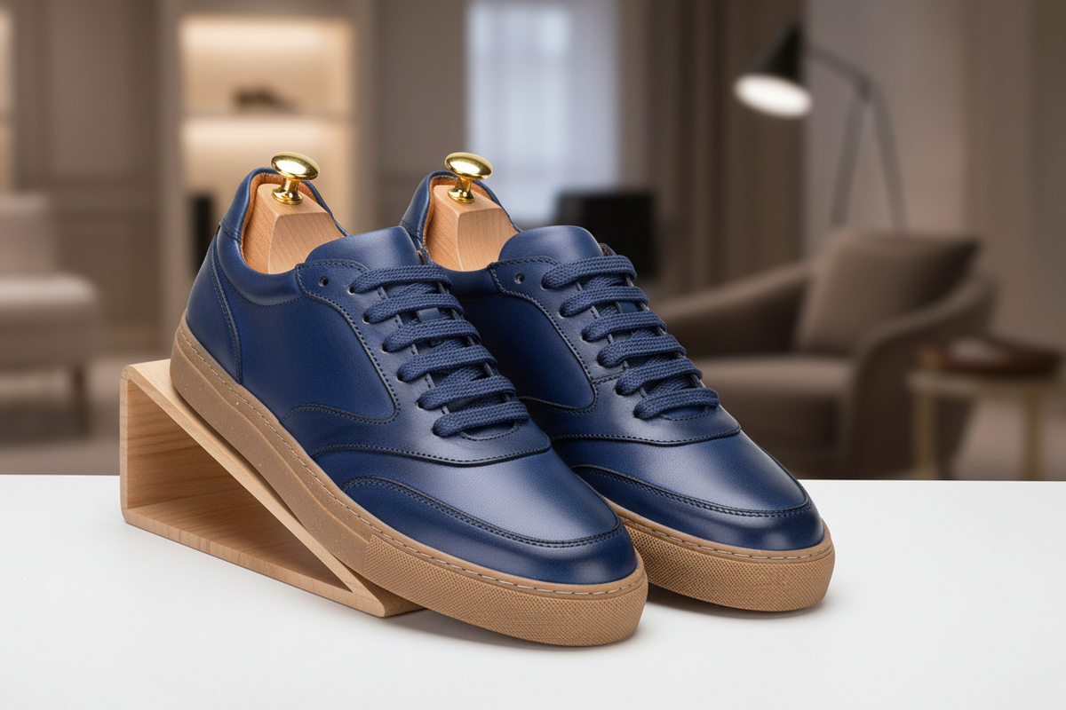Stilvolles Paar Soft‑Leder‑Sneakers in Blau, getragen von Modell auf Asphalt
