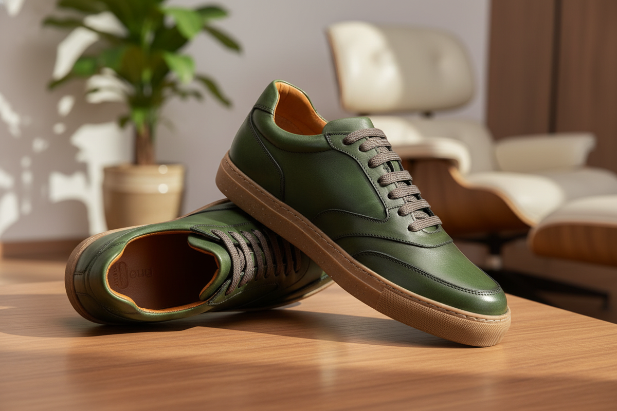 Detailaufnahme der Kauchuk-Rubber-Laufsohle des grünen Sneakers