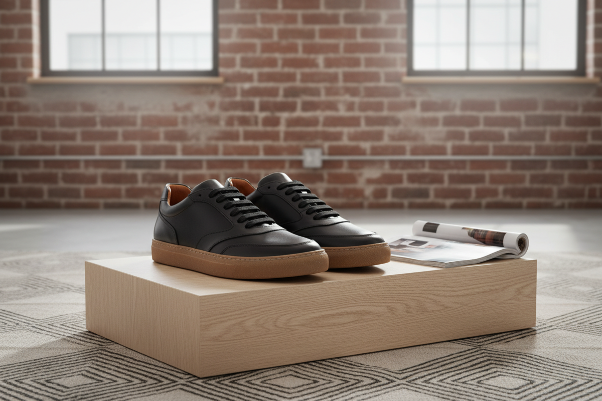 Schwarzes Sneaker-Design mit runder Schuhspitze, Blick von der Seite