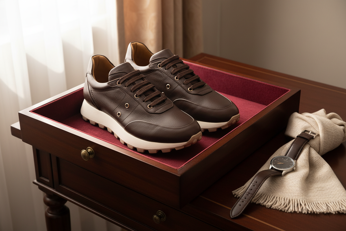 Vue de profil des sneakers faites à la main avec pointes arrondies et première de propreté en cuir.
